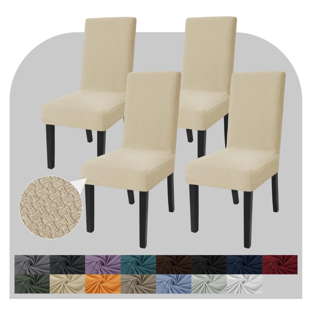 Jiviner Stretch Chair Covers For Dining Room Set Of 4 Jacquard Dining Chair Slipcovers Washable Parson Chair Funiture Protector For Restaurant, Kitchen (4, Light Beige)