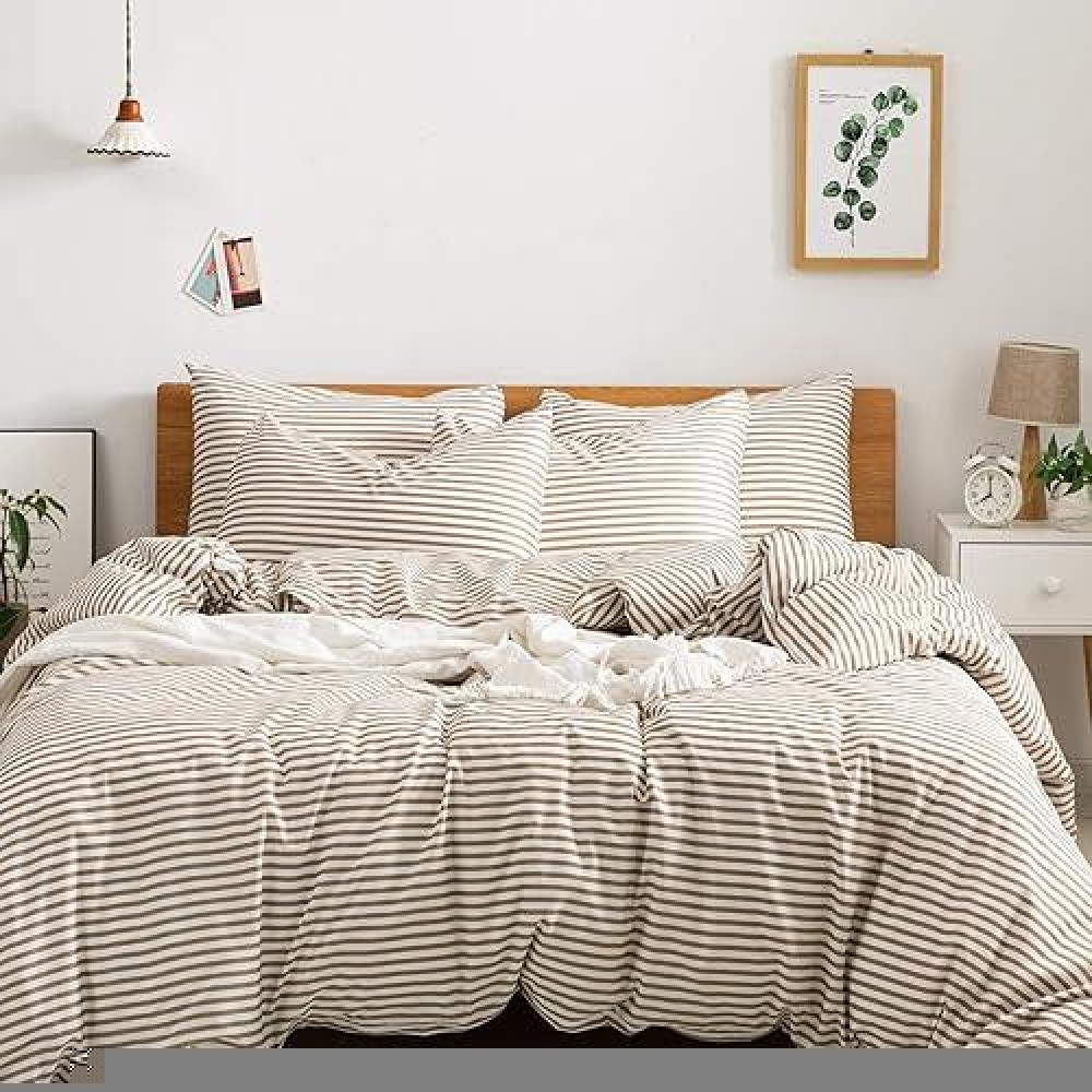 Jellymoni 100 Natural Cotton 2Pcs Striped Duvet Cover Sets White Duvet Cover With Khaki Stripes Pattern Printed Comforter Cover