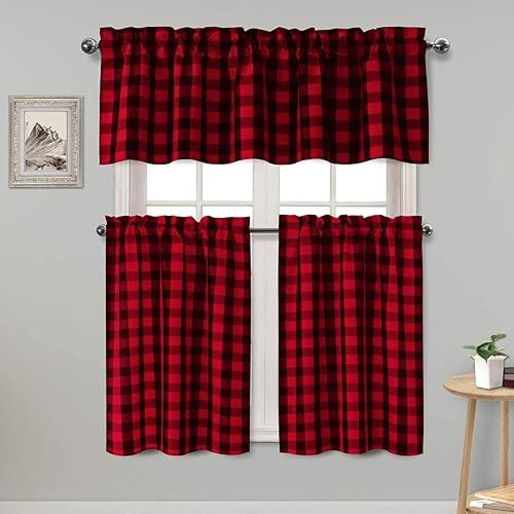 Hiasan 3 Piece Semi Sheer Kitchen Curtains Light Filtering Buffalo Plaid Tier And Valance Window Curtains Set Black And Red