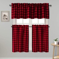 Hiasan 3 Piece Semi Sheer Kitchen Curtains Light Filtering Buffalo Plaid Tier And Valance Window Curtains Set Black And Red