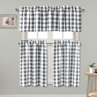 Hiasan 3 Piece Semi Sheer Kitchen Curtains Light Filtering Buffalo Plaid Tier And Valance Window Curtains Set Grey And White