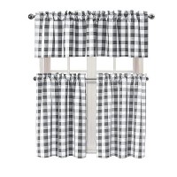 Hiasan 3 Piece Semi Sheer Kitchen Curtains Light Filtering Buffalo Plaid Tier And Valance Window Curtains Set Grey And White