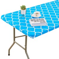 Vinyl Fitted Tablecloth For 6 Ft Rectangle Table, Sky Blue Moroccan Design, Waterproof Elastic Table Cover With Flannel Backing, Fits 30