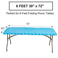 Vinyl Fitted Tablecloth For 6 Ft Rectangle Table, Sky Blue Moroccan Design, Waterproof Elastic Table Cover With Flannel Backing, Fits 30