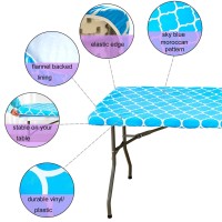 Vinyl Fitted Tablecloth For 6 Ft Rectangle Table, Sky Blue Moroccan Design, Waterproof Elastic Table Cover With Flannel Backing, Fits 30