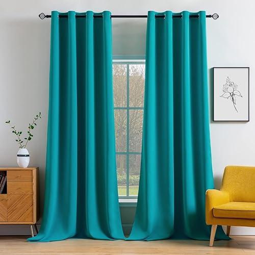 Miulee Blackout Curtains 96 Inches Long For Bedroom Living Room Thermal Insulated Room Darkening Teal Grommet Top Solid Light Bl