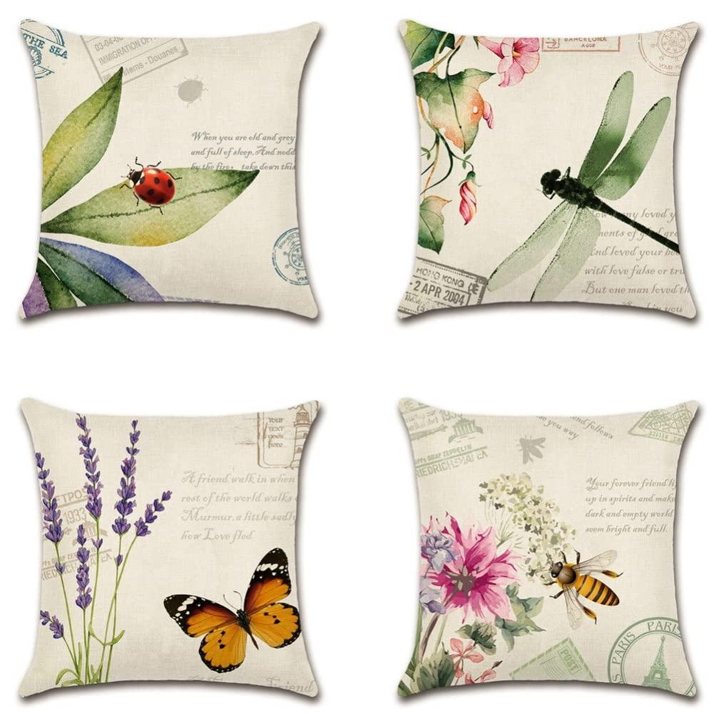 Artscope Set Of 4 Waterproof Throw Pillow Covers 18X18 Inches, Decorative Spring Cushion Covers For Outdoor Patio Garden Living Room Sofa Farmhouse Decor (Insects & Plant)