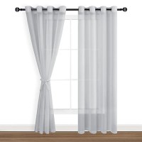 Hiasan Grey Sheer Curtains 84 Inches Long With Tiebacks Light Filtering Airy Voile Textured Drapes Lightweight Grommet Window C