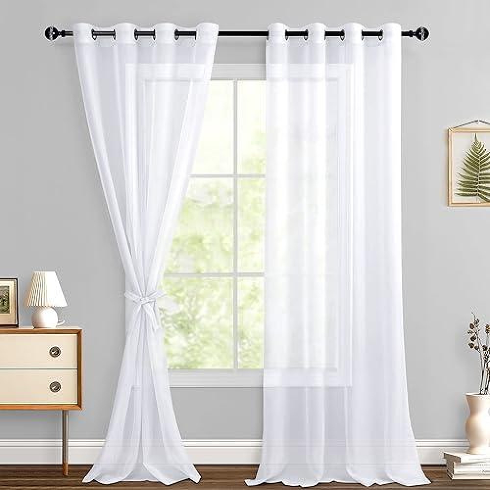 Hiasan White Sheer Curtains For Bedroom With Tiebacks Grommet Top Light Filtering Voile Drapes Airy Breathable Window Curtains