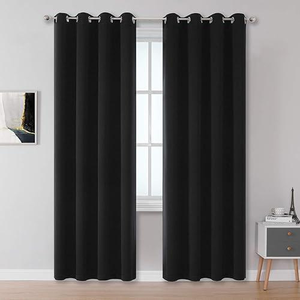 Dualife Black Blackout Curtain Panels/Drapes For Living Room 96 Inch Length Solid Energy Efficient Room Darkening Bedroom Curtains Thermal Insulated Grommet Top 52X96 Inches Long Set Of 2 Panels