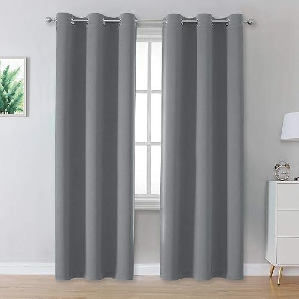 Dualife Grey Blackout Curtains For Bedroom 96 Inches Long Grey Grommet Window Treatment Thermal Insulated Room Darkening Window Panels Drapes For Living Room 42X96 Inch Length 2 Panels