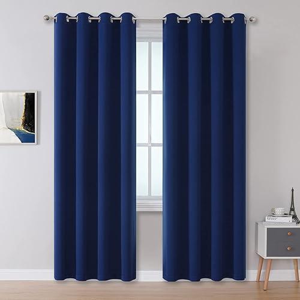 Dualife Navy Blue Blackout Curtains 96 Inch Length For Bedroom Thermal Insulated Blue Solid Window Drapes With Grommet Curtains Panels For Living Room Boys Kids Room 52X96 Inches Long 2 Panels Set