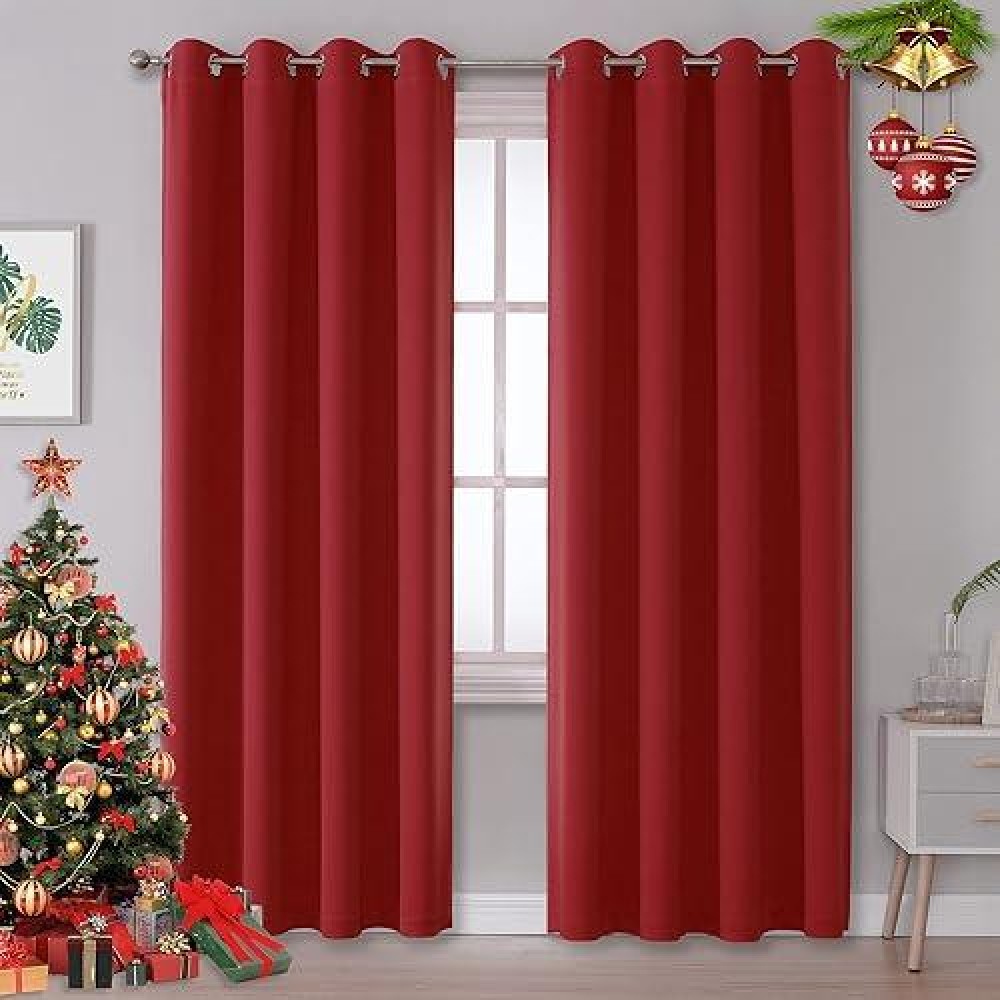 Dualife Red Blackout Curtains For Bedroom 96 Inches Long Room Darkening Thermal Insulated Curtain Panels With Grommet Top Window Drapes For Living Room 52X96 Inch Length