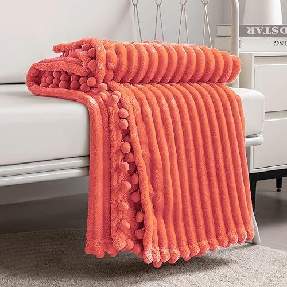 Dissa Fleece Blanket Throw Size - 51X63  Coral - Soft  Plush  Fluffy  Fuzzy  Warm  Cozy - Perfect Throw For Couch  Bed  Sofa - With Pompom Fringe - Flannel Blanket Throw Blanket