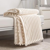 Dissa Fleece Blanket Queen Size - 90X90  Beige - Soft  Plush  Fluffy  Fuzzy  Warm  Cozy - Perfect Throw For Couch  Bed  Sofa - With Pompom Fringe - Flannel Blanket