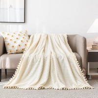 Dissa Fleece Blanket Queen Size - 90X90  Beige - Soft  Plush  Fluffy  Fuzzy  Warm  Cozy - Perfect Throw For Couch  Bed  Sofa - With Pompom Fringe - Flannel Blanket