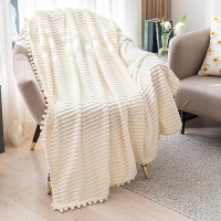 Dissa Fleece Blanket Queen Size - 90X90  Beige - Soft  Plush  Fluffy  Fuzzy  Warm  Cozy - Perfect Throw For Couch  Bed  Sofa - With Pompom Fringe - Flannel Blanket