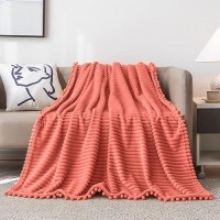 Dissa Fleece Blanket Queen Size - 90X90  Coral - Soft  Plush  Fluffy  Fuzzy  Warm  Cozy - Perfect Throw For Couch  Bed  Sofa - With Pompom Fringe - Flannel Blanket