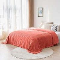 Dissa Fleece Blanket Queen Size - 90X90  Coral - Soft  Plush  Fluffy  Fuzzy  Warm  Cozy - Perfect Throw For Couch  Bed  Sofa - With Pompom Fringe - Flannel Blanket