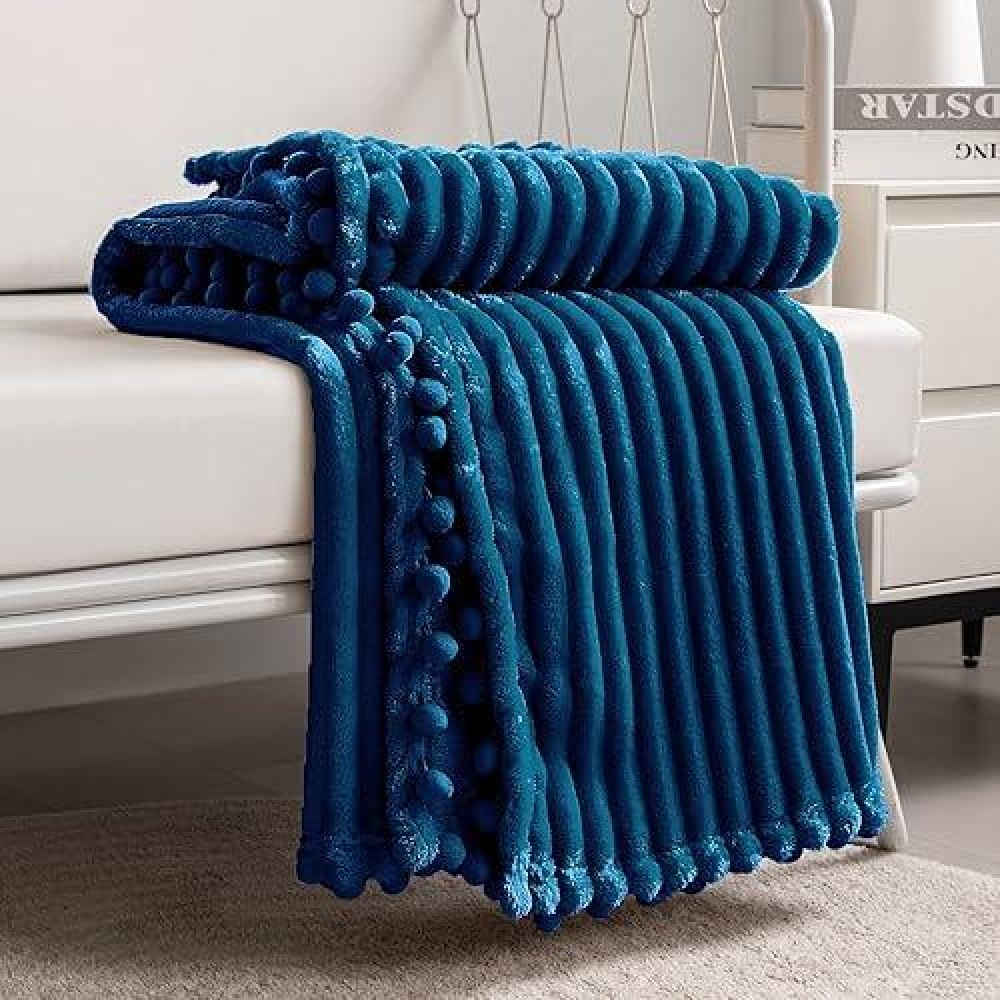 Dissa Fleece Blanket Queen Size - 90X90  Blue - Soft  Plush  Fluffy  Fuzzy  Warm  Cozy - Perfect Throw For Couch  Bed  Sofa - With Pompom Fringe - Flannel Blanket