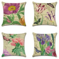 Artscope Set Of 4 Decorative Throw Pillow Covers 18X18 Inches, Vintage Purple Flower Pattern Waterproof Cushion Covers, Perfect To Outdoor Patio Garden Living Room Sofa Farmhouse Decor