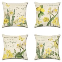 Artscope Set Of 4 Decorative Throw Pillow Covers 18X18 Inches, Daffodil Pattern Waterproof Cushion Covers, Perfect To Outdoor Patio Garden Living Room Sofa Farmhouse Decor