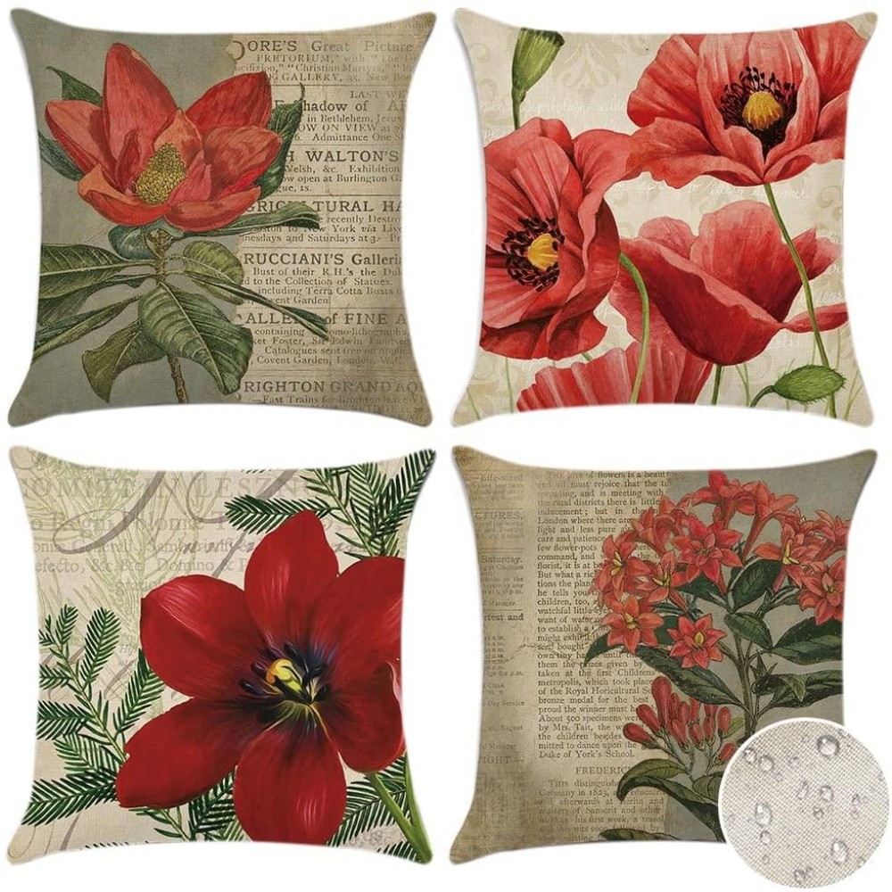 Artscope Set Of 4 Decorative Throw Pillow Covers 18X18 Inches, Vintage Red Flower Pattern Waterproof Cushion Covers, Perfect To Outdoor Patio Garden Living Room Sofa Farmhouse Decor