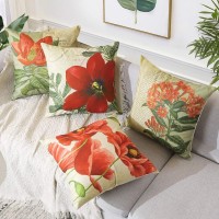 Artscope Set Of 4 Decorative Throw Pillow Covers 18X18 Inches, Vintage Red Flower Pattern Waterproof Cushion Covers, Perfect To Outdoor Patio Garden Living Room Sofa Farmhouse Decor