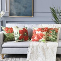 Artscope Set Of 4 Decorative Throw Pillow Covers 18X18 Inches, Vintage Red Flower Pattern Waterproof Cushion Covers, Perfect To Outdoor Patio Garden Living Room Sofa Farmhouse Decor