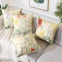 Artscope Set Of 4 Decorative Throw Pillow Covers 18X18 Inches, Vintage Yellow Flower Pattern Waterproof Cushion Covers, Perfect To Outdoor Patio Garden Living Room Sofa Farmhouse Decor
