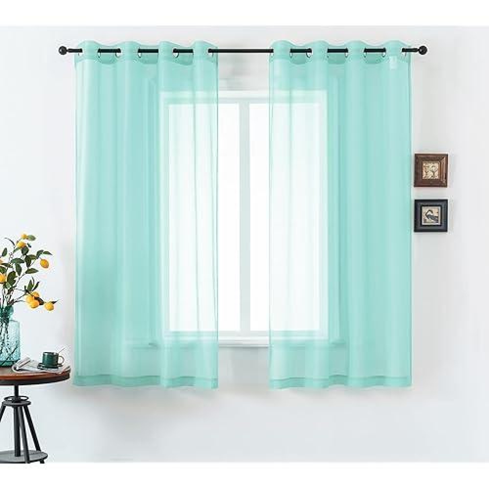 Dualife Aqua Sheer Curtain Panels 72 Inches Long Grommet Solid Mint Green Soft Touch Semi Window Drapes For Bedroom Living Room