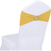 Obstal 10 Pcs Spandex Stretch Chair Sashes Bows For Wedding Reception- Universal Elastic Chair Cover Bands With Buckle Slider For Banquet, Party, Hotel Event Decorations Gold Sashes