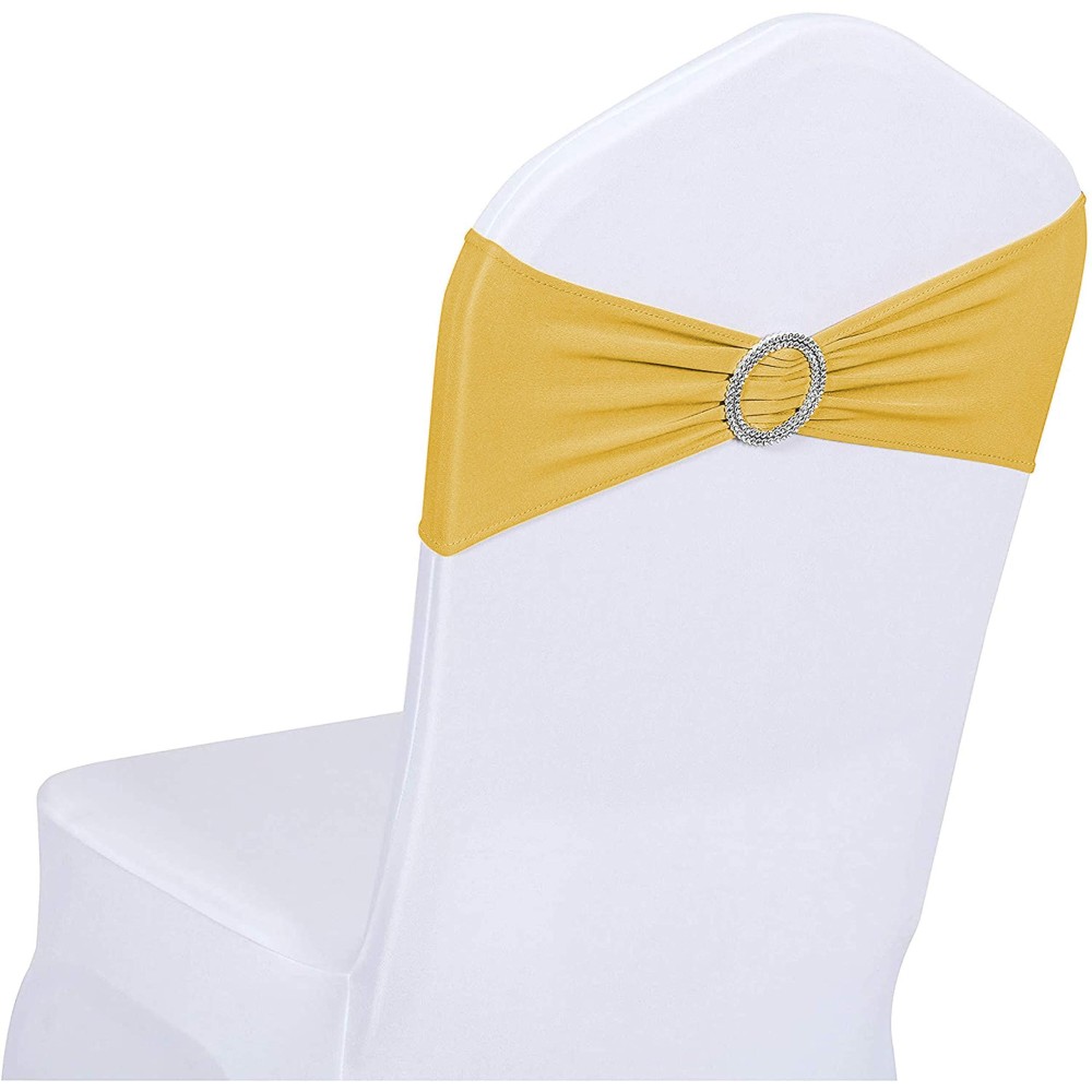 Obstal 50 Pcs Spandex Stretch Chair Sashes Bows For Wedding Reception- Universal Elastic Chair Cover Bands With Buckle Slider For Banquet, Party, Hotel Event Decorations Gold Sashes