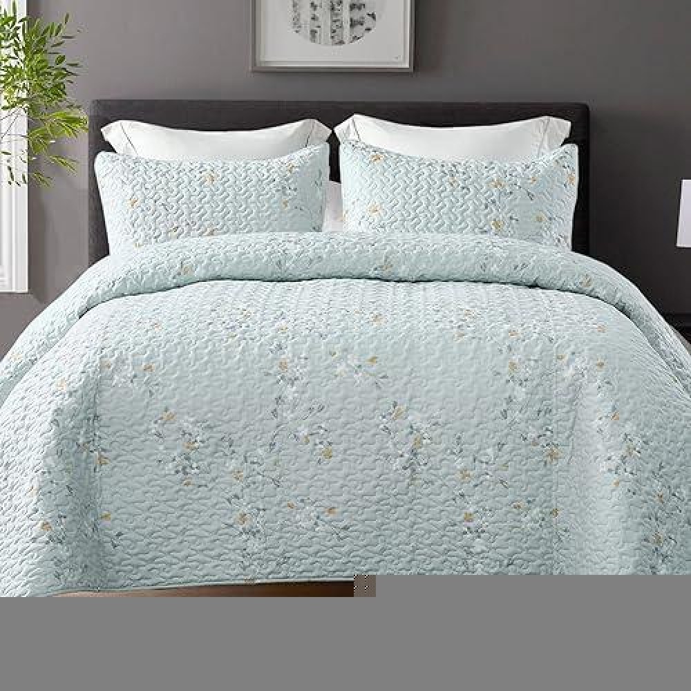 Exclusivo Mezcla Floral Quilt Set Full Queen Size 3 Piece Soft Lightweight Flower Pattern Printed Aqua Bedspreads Coverlet Bedd