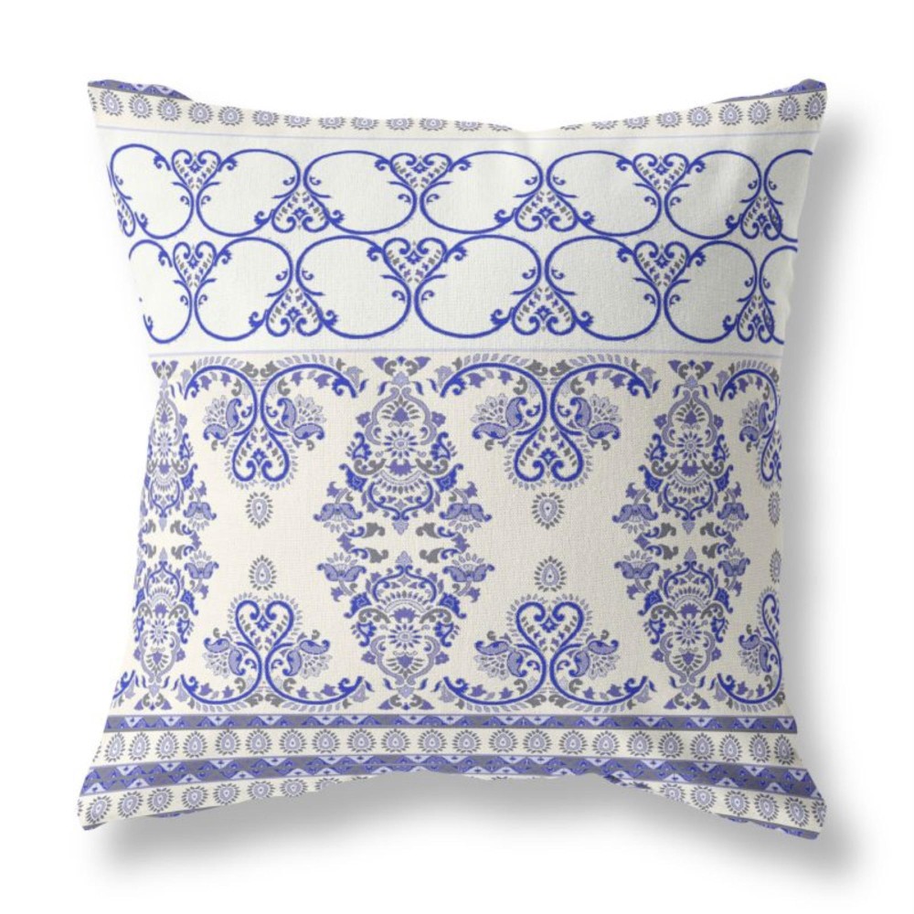 Nandini Flowers Broadcloth Indoor Outdoor Pillow, Zippered, Offwhiteblue