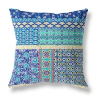 Flower Castle Patchwork Broadcloth Indoor Outdoor Pillow, Zippered, Navyblueyellow