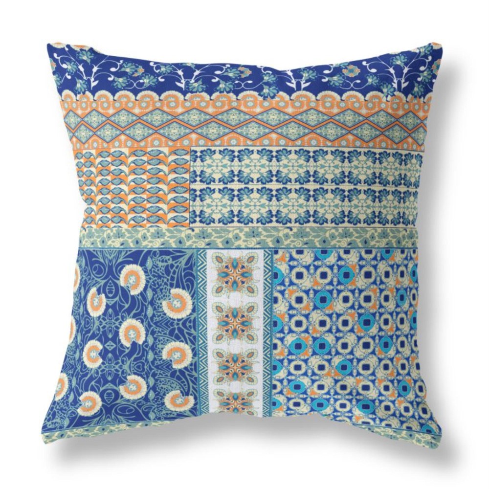 Flower Castle Patchwork Broadcloth Indoor Outdoor Pillow, Zippered, Navyblueorange