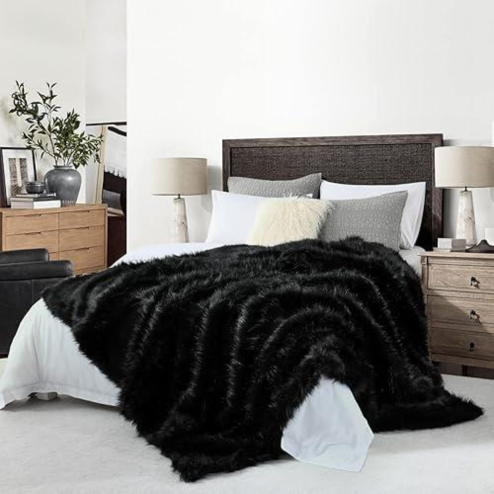 Luxury Plush Faux Fur Throw Blanket King Size  Long Pile Black Fur Blanket For Bed  Super Warm  Fuzzy  Elegant  Fluffy Decoration Blanket Scarf For Sofa  Armchair  Couch And Bed  104