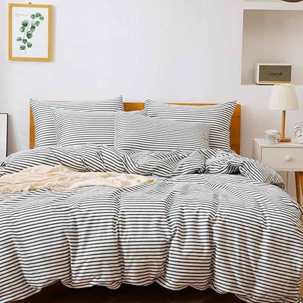 Jellymoni 100 Natural Cotton 3Pcs Striped Duvet Cover Sets White Duvet Cover With Dark Grey Stripes Pattern Printed Comforter C