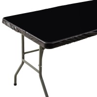 Black Vinyl Fitted Tablecloth For 6 Ft Rectangle Table, Waterproof Elastic Table Cover With Flannel Backed Lining, Fits 30