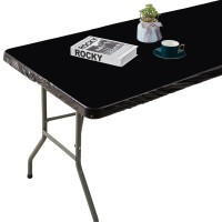 Black Vinyl Fitted Tablecloth For 6 Ft Rectangle Table, Waterproof Elastic Table Cover With Flannel Backed Lining, Fits 30