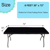 Black Vinyl Fitted Tablecloth For 6 Ft Rectangle Table, Waterproof Elastic Table Cover With Flannel Backed Lining, Fits 30