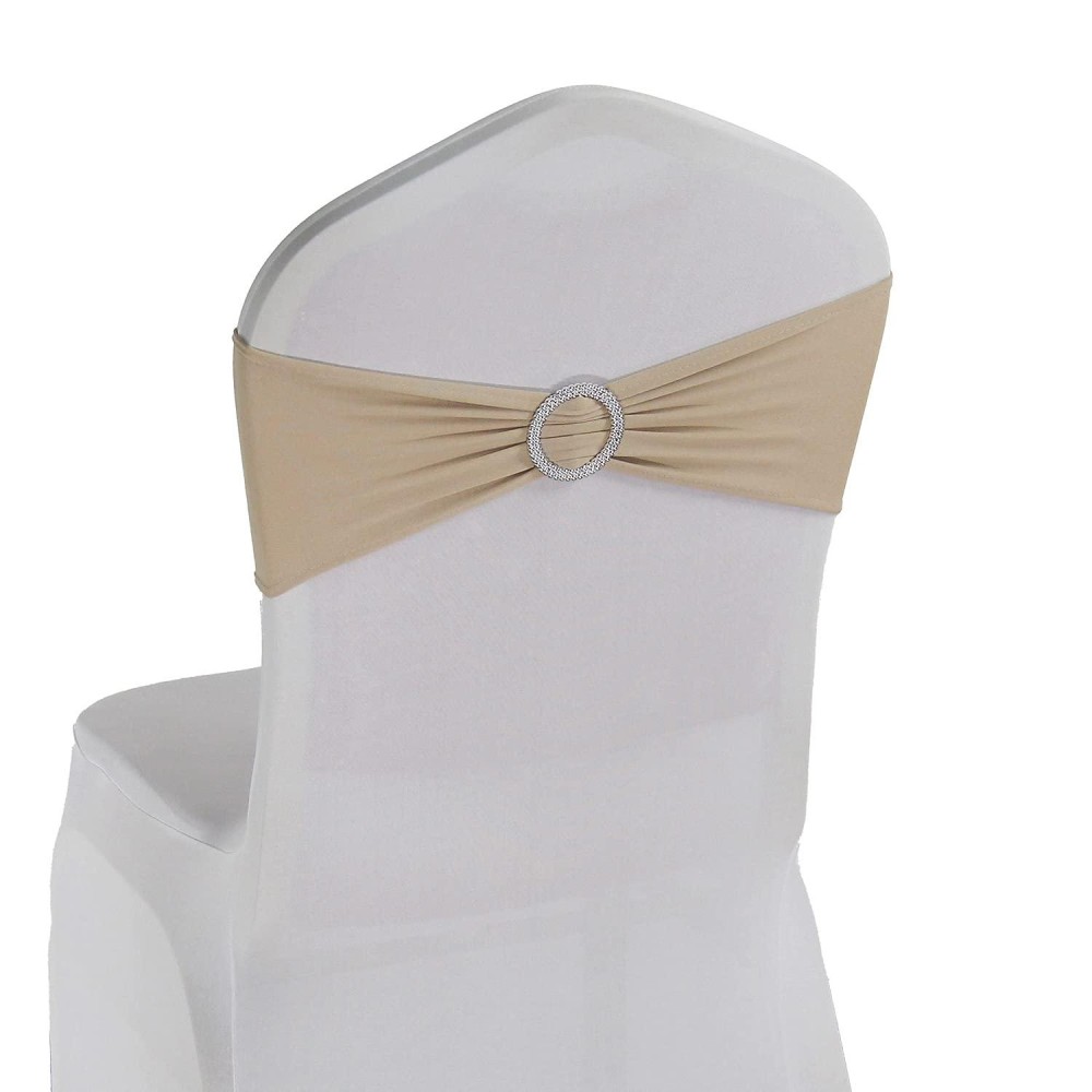 Welmatch Beige Spandex Chair Bands Sashes - 50 Pcs Wedding Banquet Party Events Decoration Chair Bowss Ties (Beige, 50)