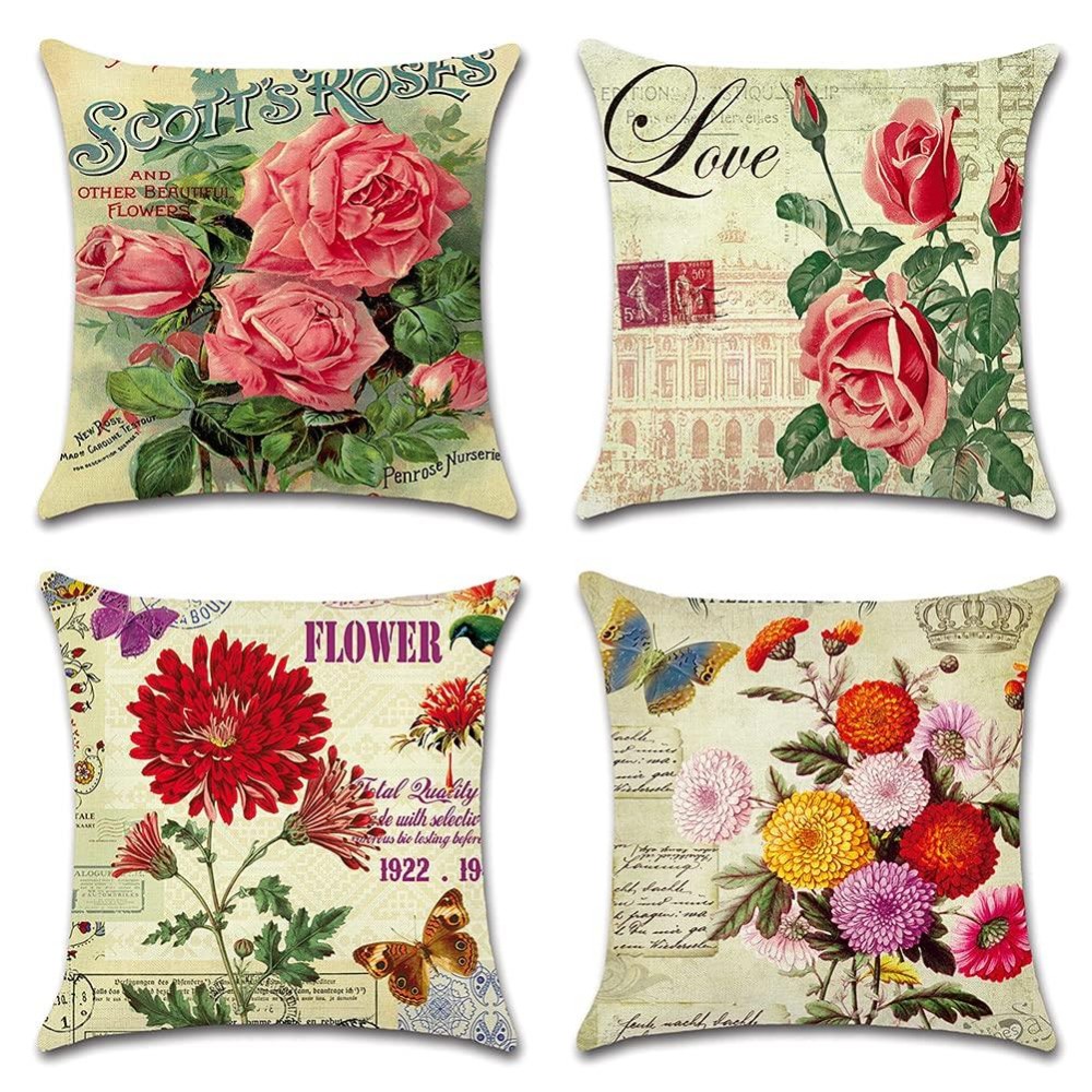Artscope Set Of 4 Decorative Throw Pillow Covers 18X18 Inches, Vintage Flowers Waterproof Cushion Covers, Perfect To Outdoor Patio Garden Living Room Sofa Farmhouse Decor