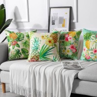 Artscope Set Of 4 Decorative Throw Pillow Covers 18X18 Inches, Tropical Plants And Pineapple Pattern Waterproof Cushion Covers, Perfect To Outdoor Patio Garden Living Room Sofa Farmhouse Decor