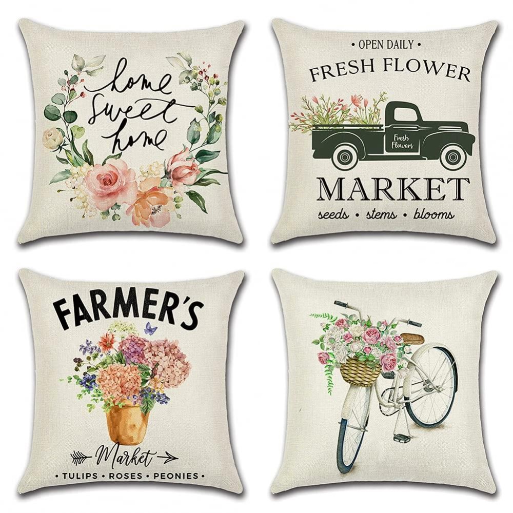 Artscope Set Of 4 Decorative Throw Pillow Covers 18X18 Inches, Spring Flowers Waterproof Cushion Covers, Perfect To Outdoor Patio Garden Living Room Sofa Farmhouse Decor