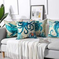 Artscope Set Of 4 Decorative Throw Pillow Covers 18X18 Inches, Blue Marine Life Pattern Waterproof Cushion Covers, Perfect To Outdoor Patio Garden Living Room Sofa Farmhouse Decor