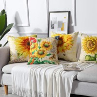 Artscope Set Of 4 Decorative Throw Pillow Covers 18X18 Inches, Sunflower Pattern Waterproof Cushion Covers, Perfect To Outdoor Patio Garden Living Room Sofa Farmhouse Decor