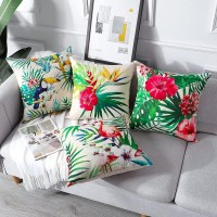 Artscope Set Of 4 Decorative Throw Pillow Covers 18X18 Inches, Tropical Plants And Flowers And Birds Pattern Waterproof Cushion Covers, Perfect To Outdoor Patio Garden Living Room Sofa Farmhouse Decor