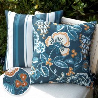 Phantoscope Pack Of 2 Outdoor Indoor Throw Decorative Pillow Cover Floral Striped Waterproof Patio Pillows Cushion Case For Couch Tent Park, Dark Blue 18 X 18 Inches